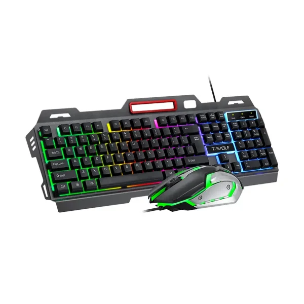لوحة مفاتيح T-WOLF مضيئة RGB مع فأرة ألعاب مدمجة، مثالية للألعاب المكثفة