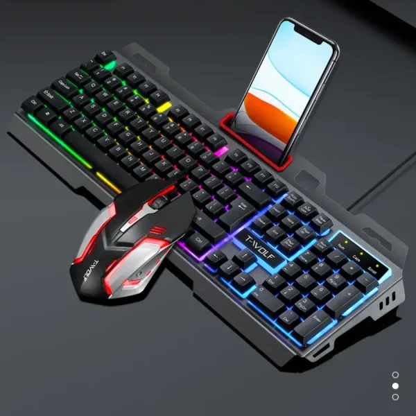 لوحة مفاتيح ألعاب مضيئة RGB مع فأرة احترافية، وحامل هاتف مدمج لراحة الاستخدام