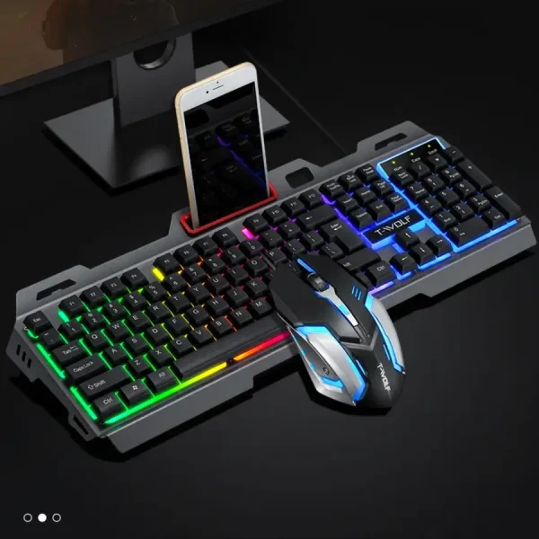 لوحة مفاتيح وفأرة T-WOLF مع إضاءة RGB وحامل للهاتف، مثالية لعشاق الألعاب وتصميم عصري